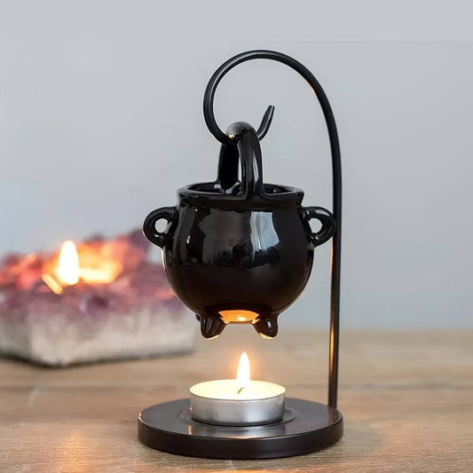 Black ceramic cauldron oil burner with iron holder, glossy finish, aroma diffuser and wax melt warmer, tealight candle holder for home decor. No incense needed.