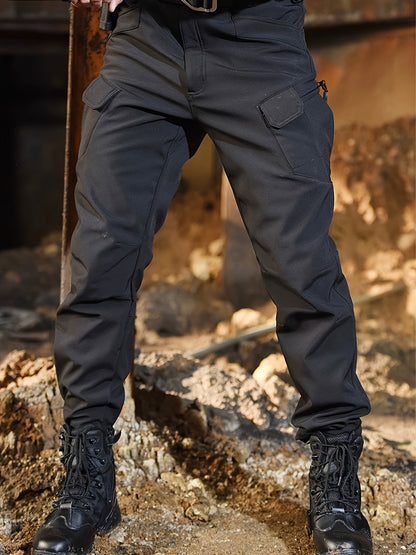 Men's outdoor work pants with pocket design, soft shell fleece lining, mid-rise style, suitable for autumn and winter seasons.