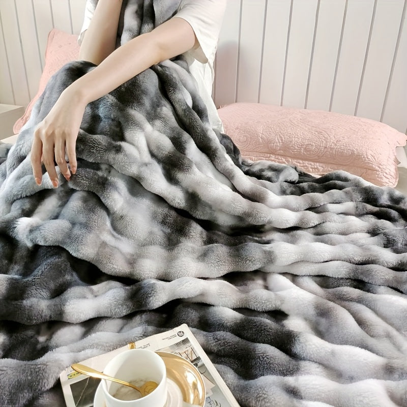 This traditional style luxury throw blanket features faux rabbit fur, making it perfect for all seasons. The soft plush material is reversible and machine washable, with a mixed color design and a weight of 300-350g per square. The blanket is made with a