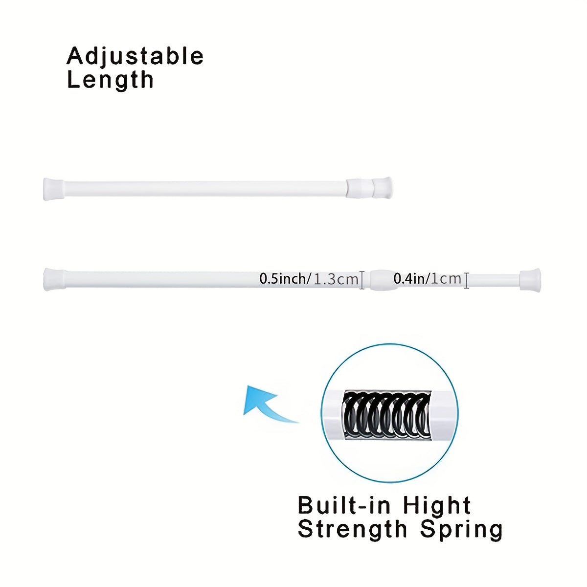 One-piece Multifunctional Telescopic Rod with Built-in Spring for Punch-free installation. Can be used as a nail-free fixing curtain rod, shower curtain rod, half curtain rod, short curtain rod, coffee curtain rod, door curtain rod, or spring tension