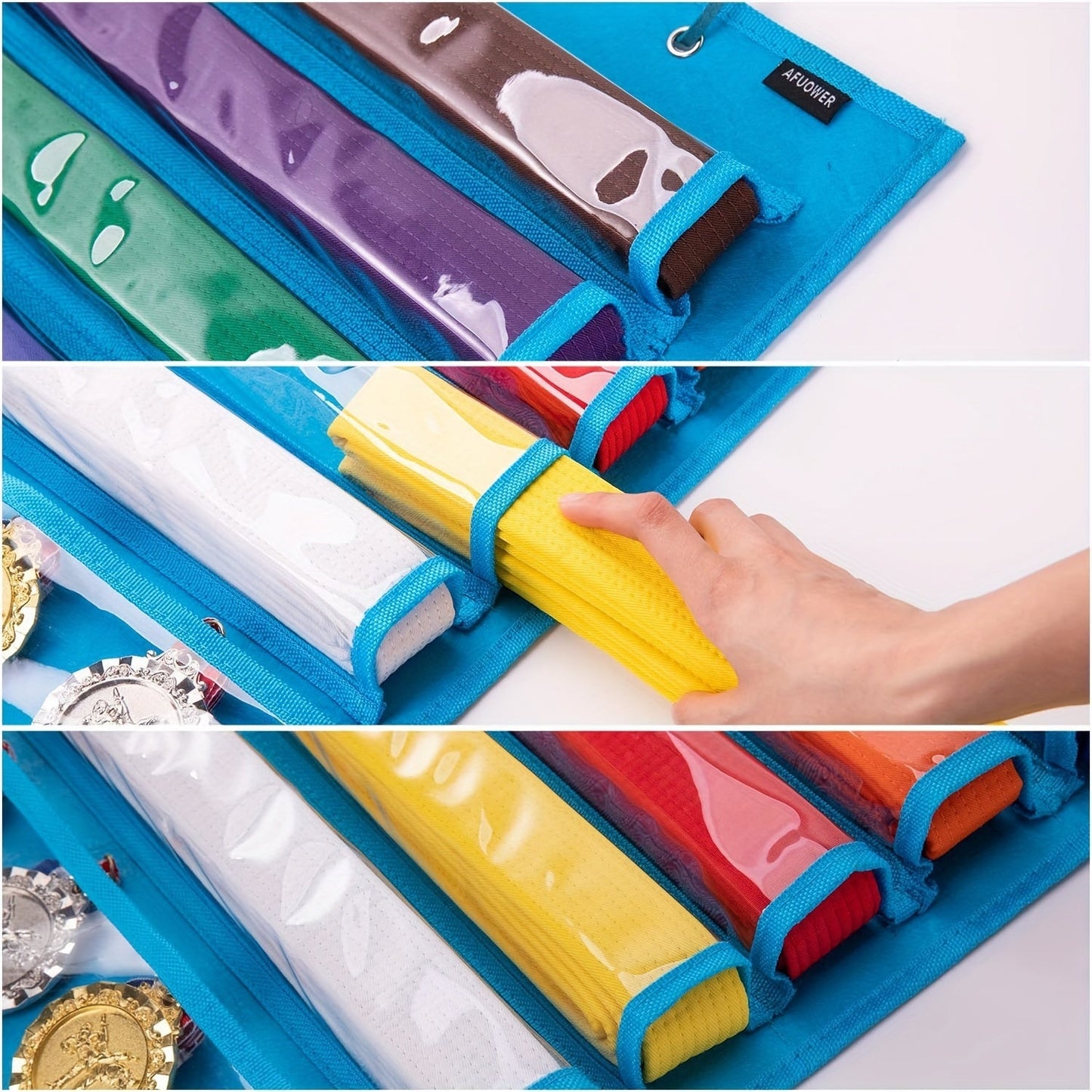 Display your martial arts belts and medals with pride on this durable felt organizer. With 9 clear pockets, this rack can hold up to 8 belts and 5 medals. Easy to install on your wall, this decorative piece is perfect for karate and taekwondo enthusiasts.