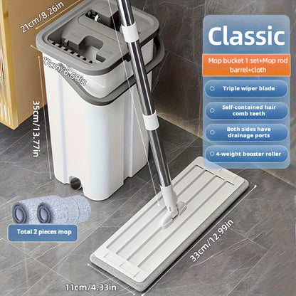 A compact cleaning kit featuring mops and buckets that are versatile and convenient for use. The bucket is seamless with a built-in handle and water storage system for ease of use. Ideal for various cleaning tasks in the living room, bathroom, kitchen