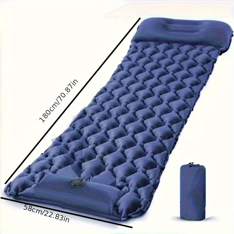 Portable inflatable camping air mattress with foot pump, durable TPU material; includes repair kit and carrying bag. Ideal for outdoor travel and picnics.