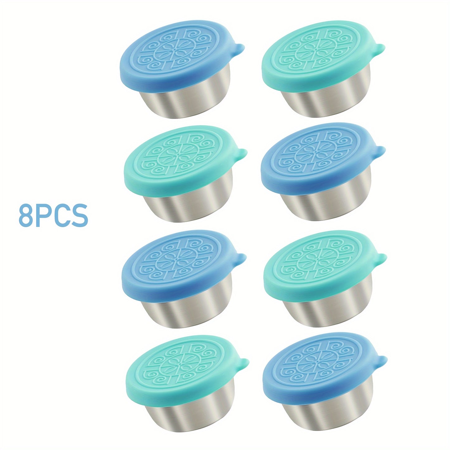 Salad takeout containers with 304 stainless steel sauce cups. Leak-proof silicone lids. Reusable and suitable for lunch boxes, work, school, picnic, and travel. Perfect back-to-school lunch box accessory. Available in 2, 4, or 8 piece sets.