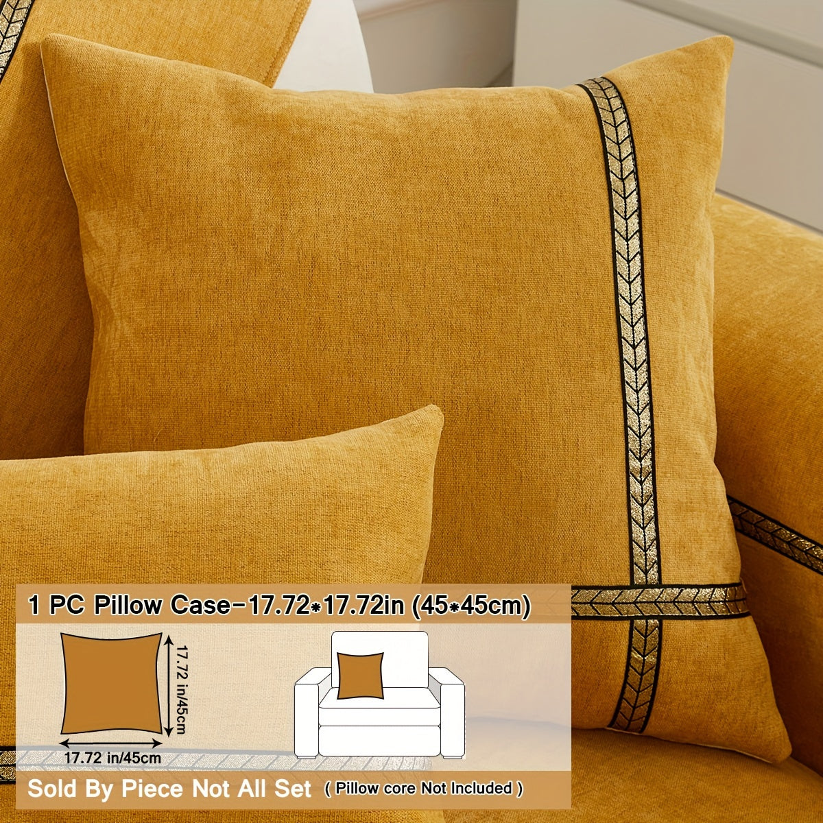 Elegant gray chenille sofa cover with golden braided trim. Non-slip, pet-friendly, and fits single to four-seater sofas. Perfect for all-season use as an elegant home decor in the living room.