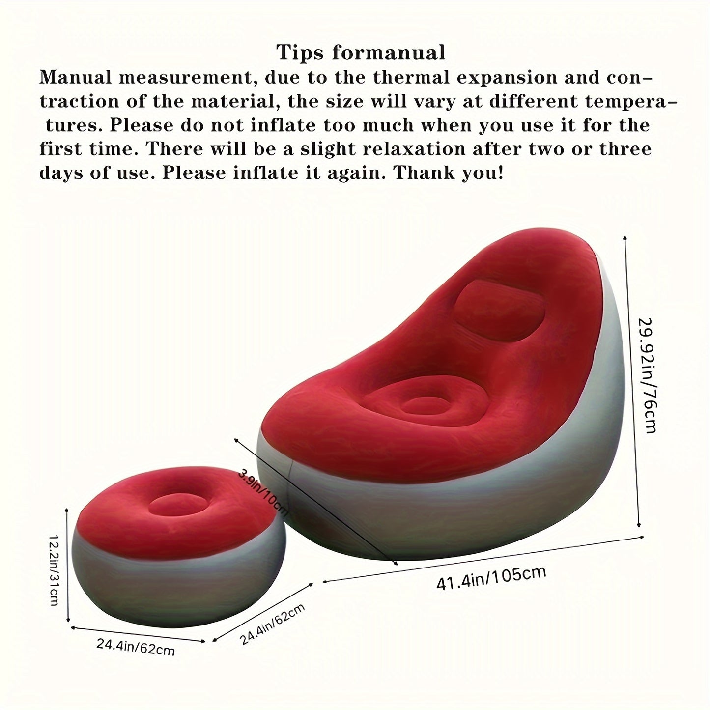 Portable inflatable sofa with footstool for camping, travel, and sunbathing.