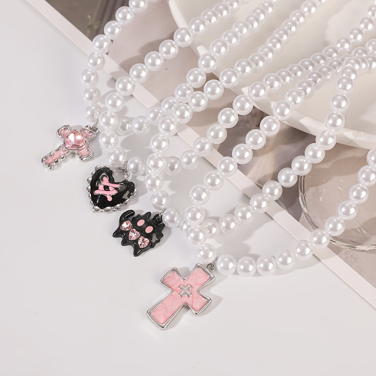 Y2K-Inspired Women's Necklace Set with Faux Pearl, Pink Monster, Heart & Cross Pendants - Includes 4 Pieces for Daily or Party Wear - Ideal Gift for Friends or Girlfriends, Random Style