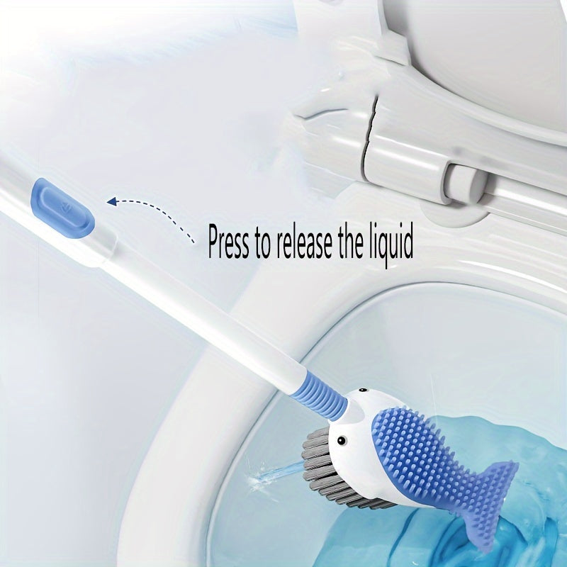 Whale-Shaped Toilet Brush Set with Holder, Suction Cup Base, and Self-Dispensing Cleaning Solution - Features Silicone Bristles, Press-Type Liquid Release, and Reusable Plastic Handle. Suitable for Bathroom, Toilet, Kitchen, and Patio Use with No Power