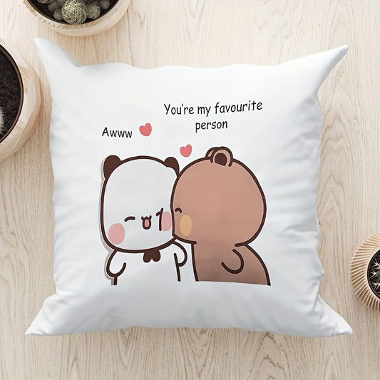 Velvet cushion cover featuring cute Bubu & Dudu panda bears in a cartoon couple design with "You're My Favorite Person" text. Cozy square throw pillow case for home decor, machine washable with zipper closure.