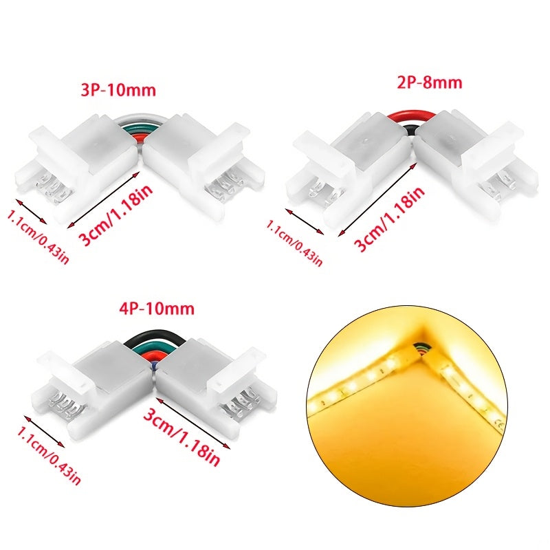 Регулируемые угловые L-образные соединители для 2/3/4-контактных светодиодных лент, подходящие для RGB лент шириной 8/10 мм 5050. Соединение с зажимом, сварка не требуется.