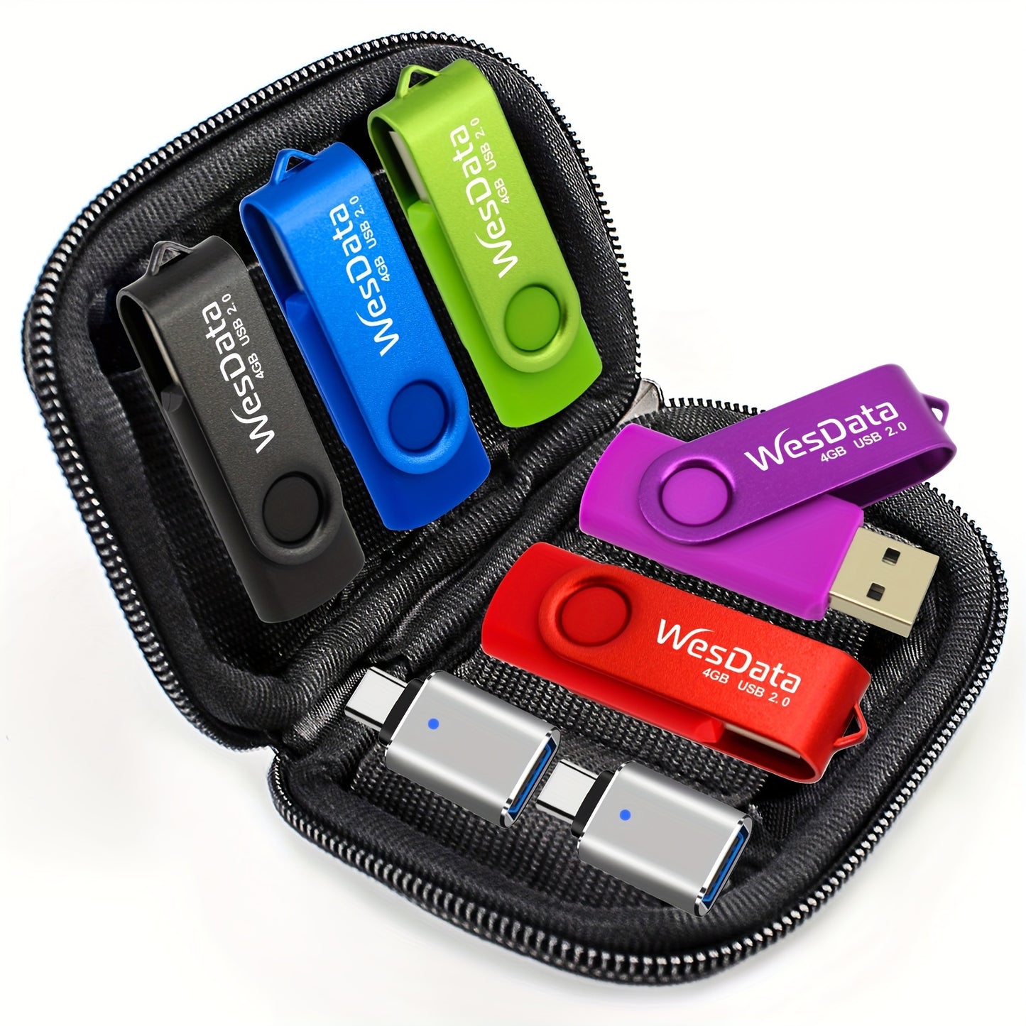 WesData USB флеш-накопитель в комплекте: 5 штук USB 2.0 флеш-накопителей по 4 ГБ/16 ГБ с 2 адаптерами USB-C, совместимыми с OTG Android телефонами, Mac, ПК, ноутбуками.