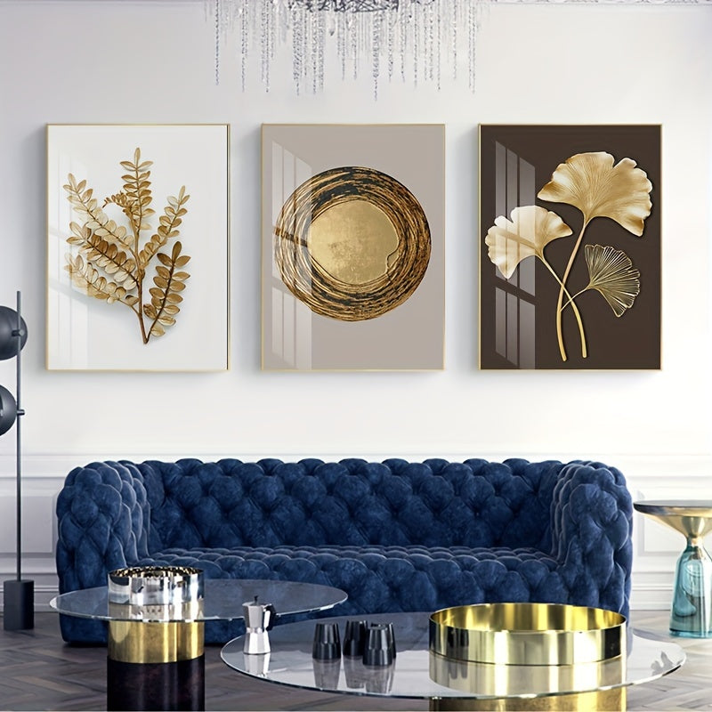 Set of 3 Modern Golden Leaf Wall Art - Frameless Ginkgo & Annual Wheel Prints, Elegant Nordic Decor for Living Room