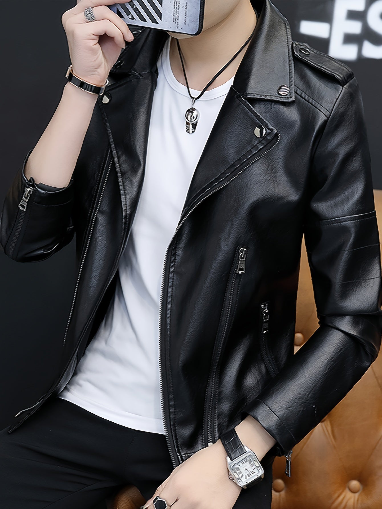 Black zip-up men's casual jacket with multi-pocket design, stylish and protective for casual attire.