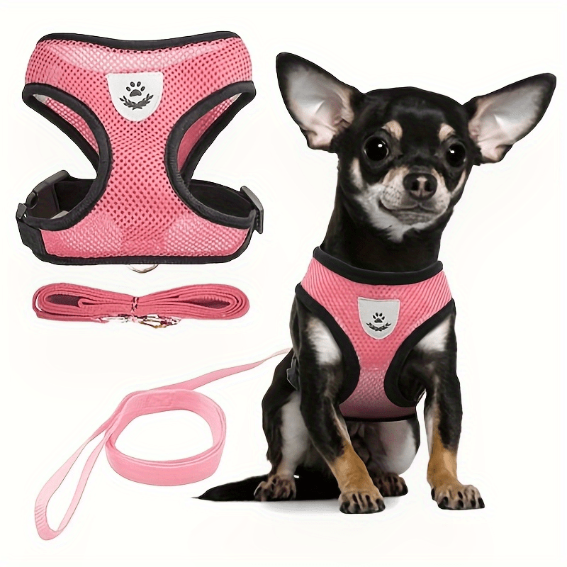 Adjustable pet harness and leash set with reflective design and soft mesh fabric for dogs and cats.