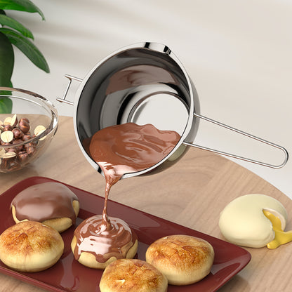 1-piece stainless steel double boiler pot perfect for melting chocolate, warming butter, splashing oil, heating oil, and melting wax. A versatile kitchen utensil that is a must-have kitchen gadget and accessory.