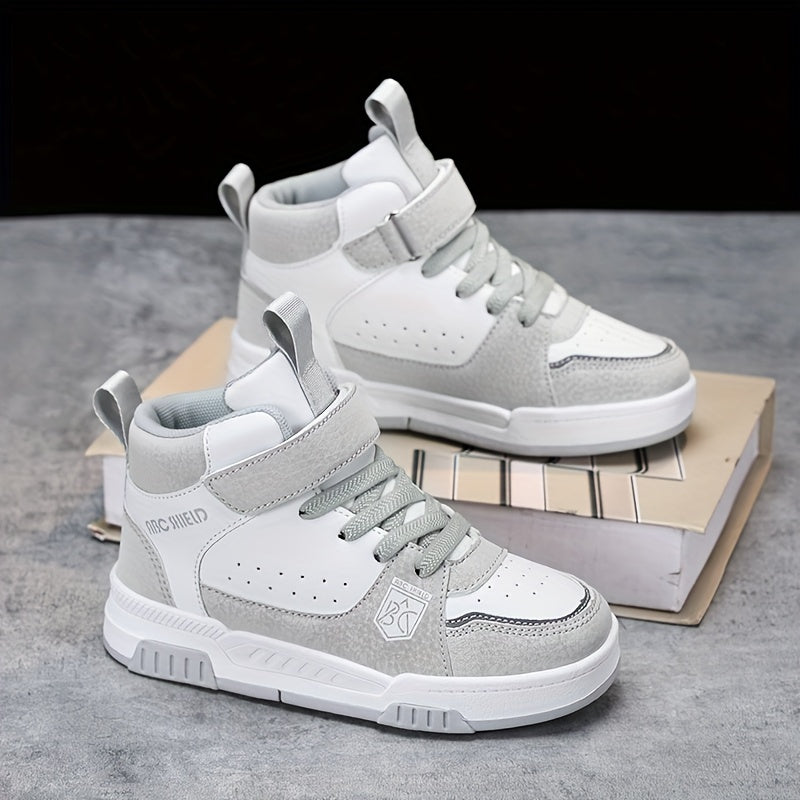 Comfy high-top sneakers for kids with secure closure, ideal for cold weather casual outfits.