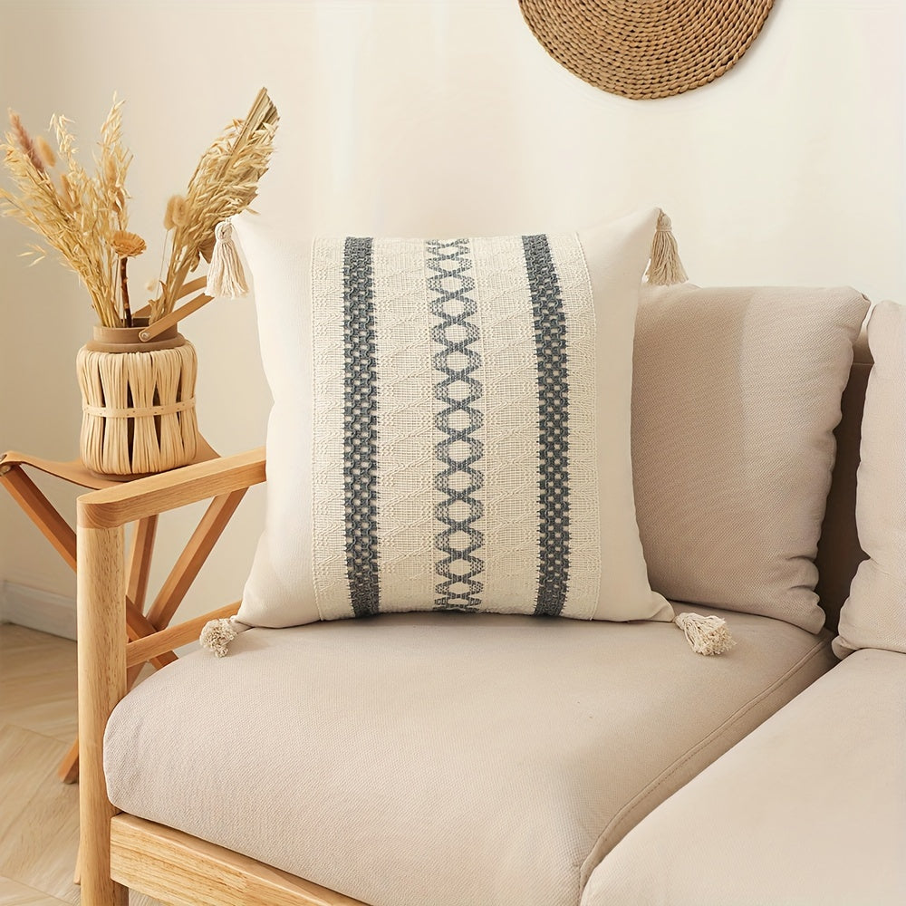 One piece Bohemian Chic Fringe Pillow Cover with Geometric Pattern in Orange, Beige & White. Made from Stain-Resistant Polyester with Zippered Square/Rectangular Cushion Case for Living Room Sofa Decor. Machine Washable, perfect for Throw Pillows on