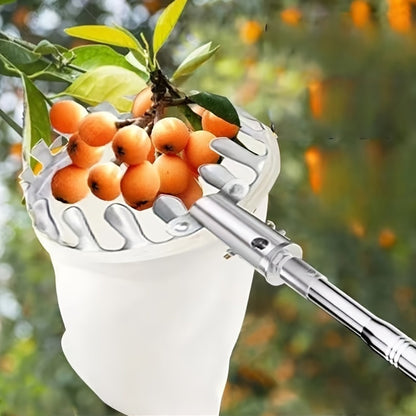 Telescopic stainless steel fruit picker tool extends up to 187.96 cm for high reach fruit harvesting.