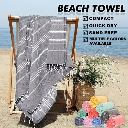 Turkish beach towel: quick-dry, sand-free, lightweight, oversized in striped patterns (yellow, white, blue, gray, pink) for pool, swim, travel. Ideal for camping, cruise, vacation, beach blanket.