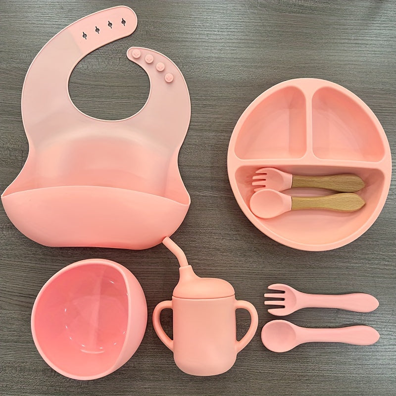 Silicone Baby Feeding Set by WHZWYK - Safe for Microwave & Oven - Suitable for Ages 0-3 - Complete with Suction Plate, Soft Bowl, Spoons, Forks, Adjustable Bib, Snack Cup - Ideal for Self-Feeding