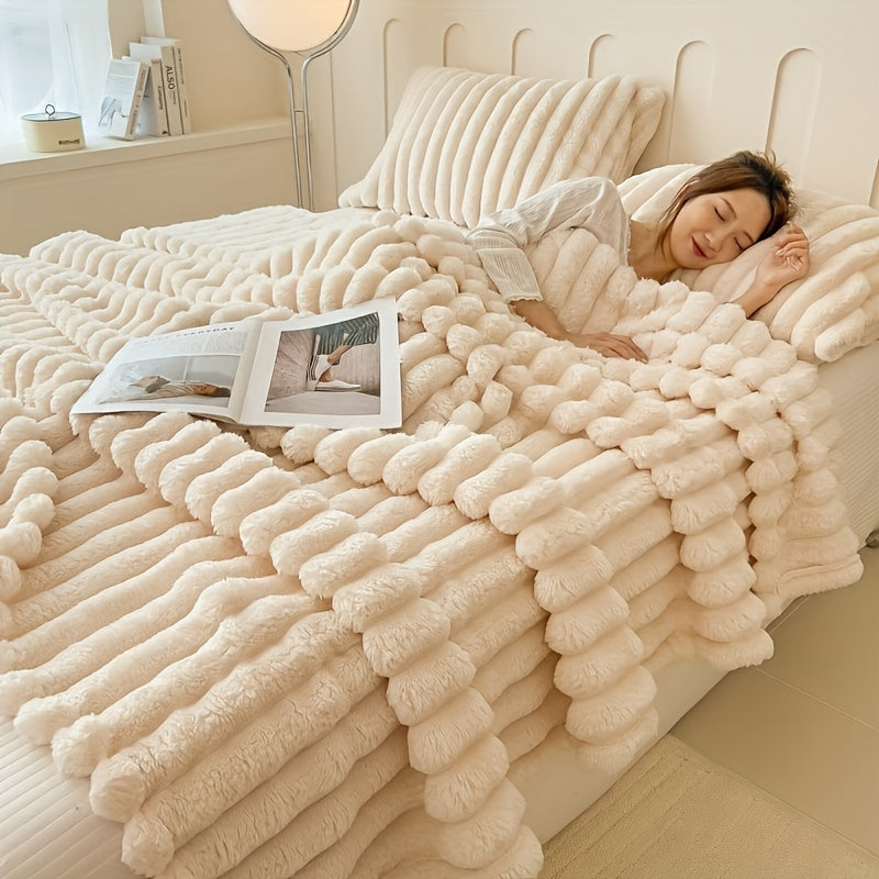 Soft and cozy Champagne Plush Double-Layer Throw Blanket perfect for all seasons. This knitted bed cover features contemporary style and is made from 250-300g polyester. Machine washable and ideal for use on the couch, bed, office, travel, and siestas.