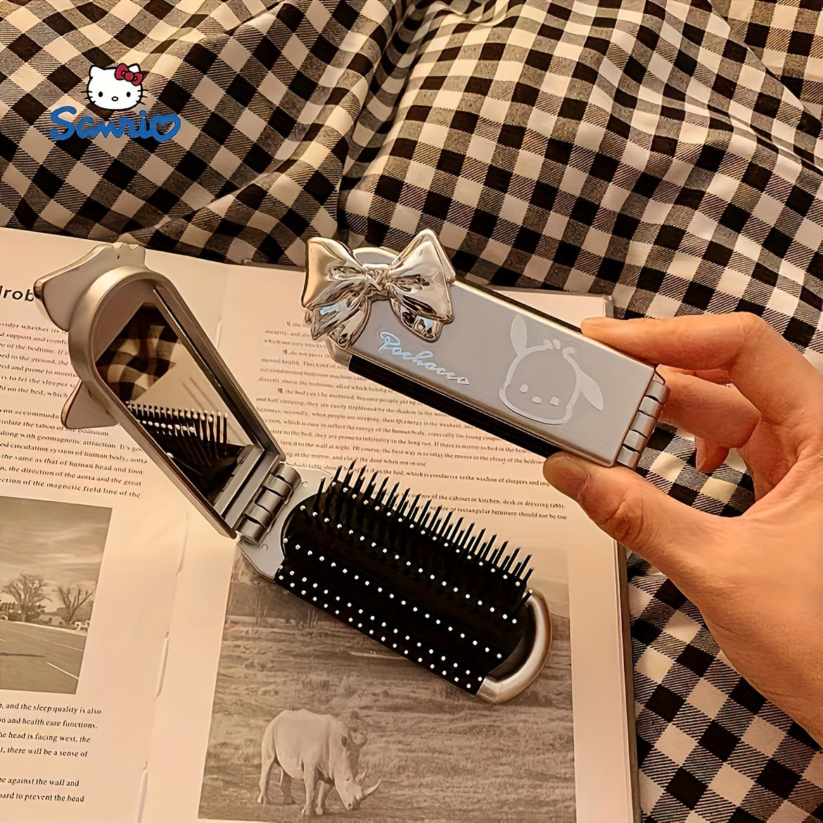 Portable, foldable dual-use comb and mirror featuring Hello Kitty design ideal for college girls, travelers, and back to school parties. Great holiday gift.