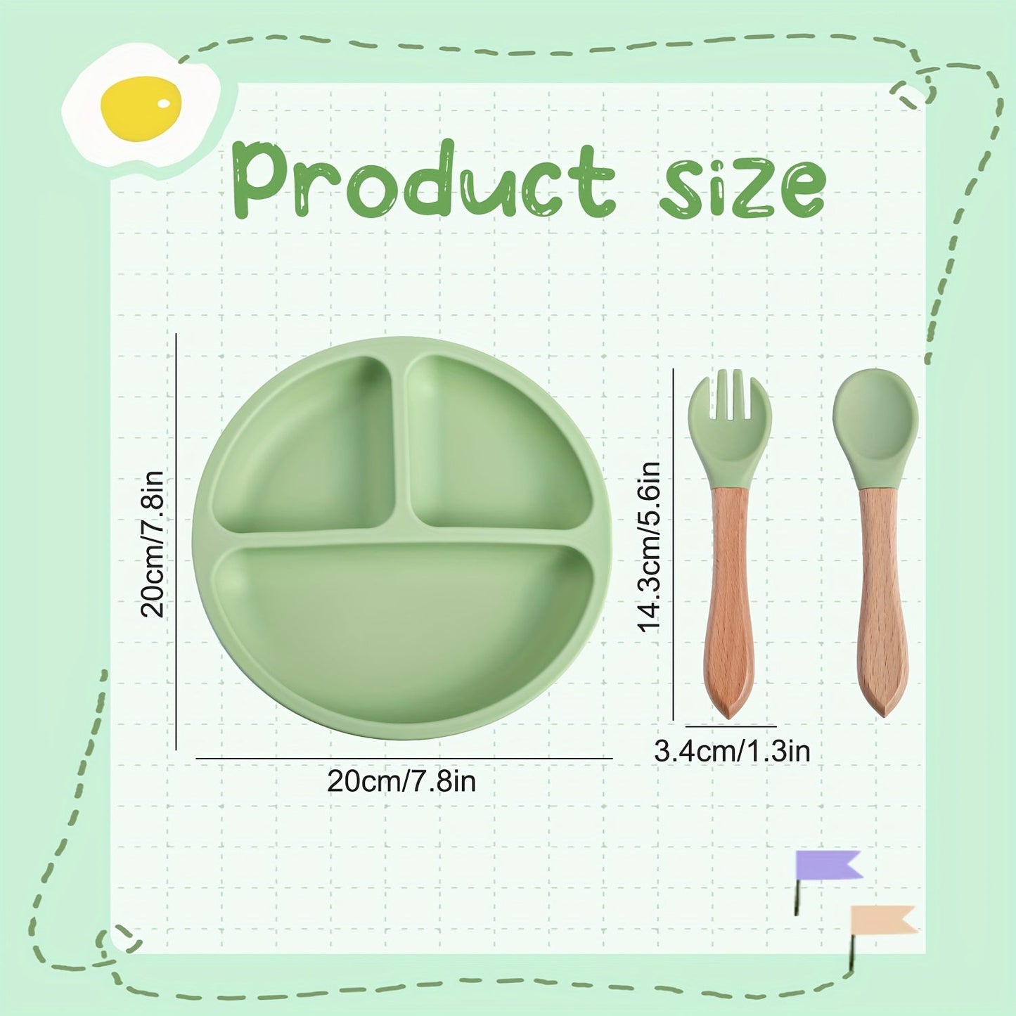 TYRY.HU offers a 3-piece set of baby feeding essentials made from 100% silicone. The set includes a divided suction plate, led weaning set, and plates and utensils set. Perfect for mealtime, this tableware set includes a plate and spoon. Makes a great