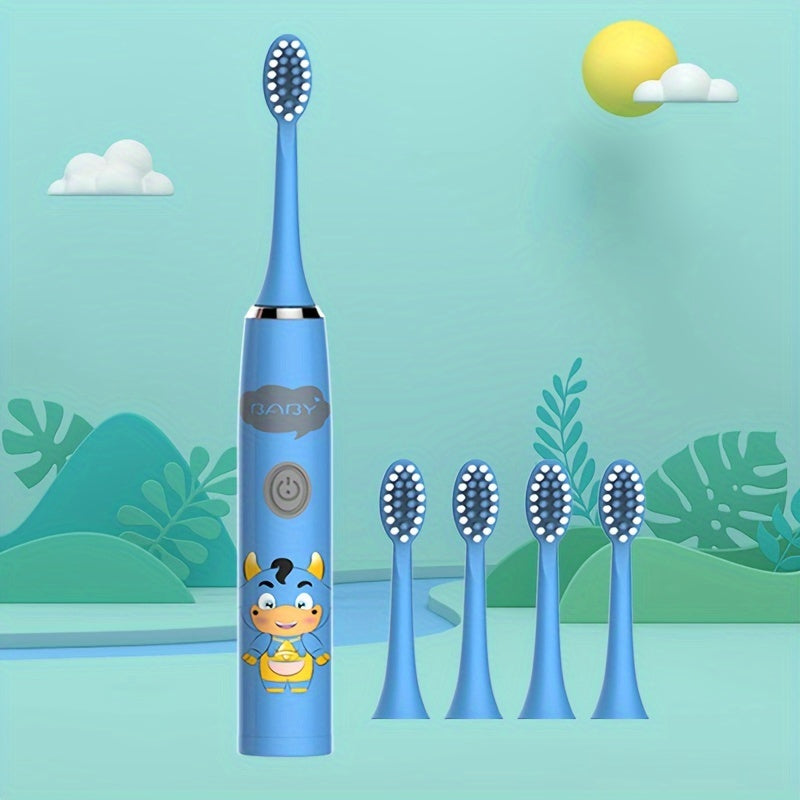 Cartoon Space Series Electric Toothbrush with 5 brush heads, battery powered, soft bristle, 2-minute timer, deep clean, cavity protection, perfect birthday gift.