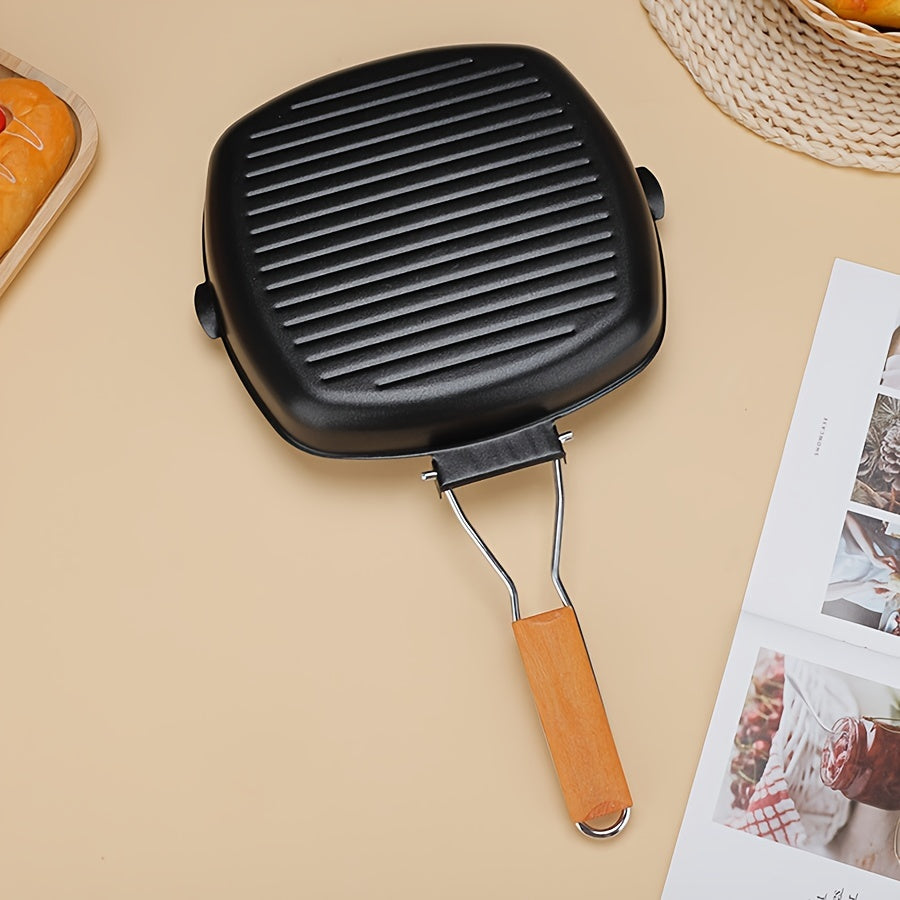 Meizhu Single Meal Cooking: Cast Iron Skillet Non-Stick Grill Pan with Wooden Handle - Oven Safe Griddle for Steaks and Breakfast, Perfect for Gas Stove Compatibility