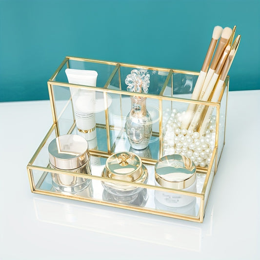 Vintage Glass Makeup Organizer with Mirror Tray for Home Organization, featuring 4-Compartment Opened Cover Storage Box for various beauty products.