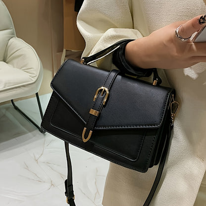 Women's black crossbody bag, durable, lightweight, waterproof with adjustable strap, suitable for daily commute and casual outings, features magnetic closure and polyester lining.