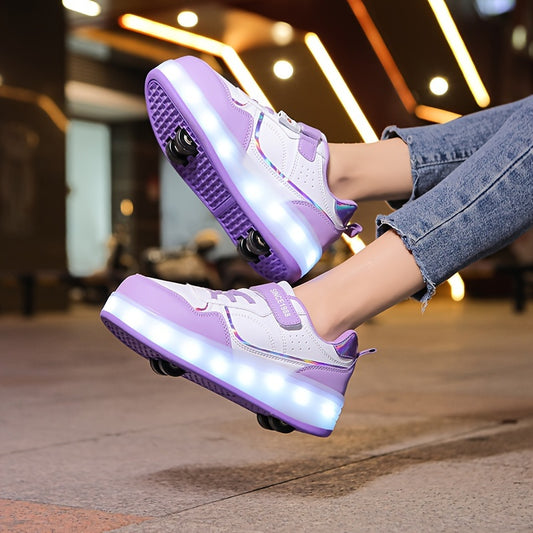 LED Light-Up Roller Skates for girls in Purple & White. Adjustable strap, Lightweight & Breathable. Ideal for outdoor fun and street style. Trendy youth sneakers with Pu Upper Skates.