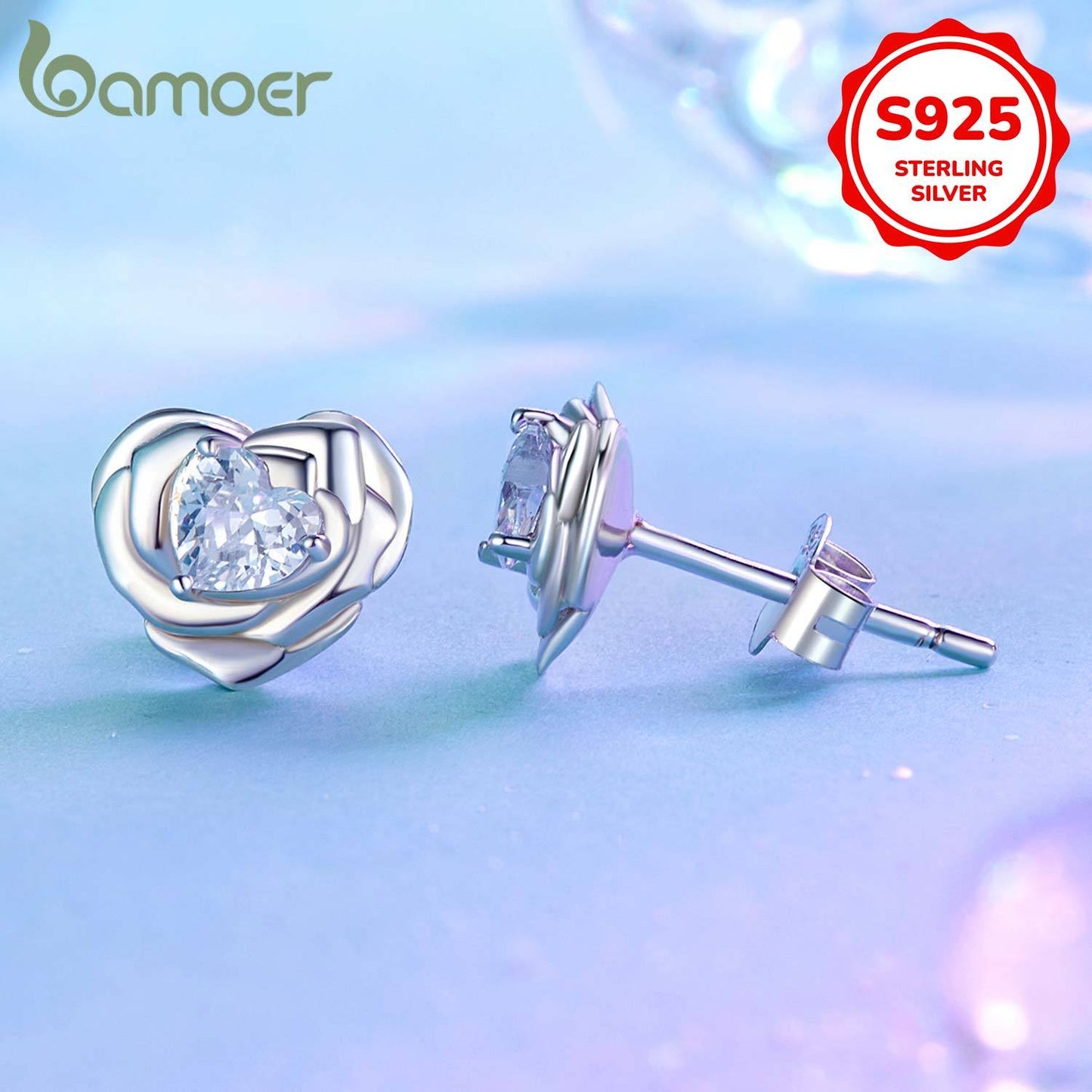 Beautiful Heart and Rose Stud Earrings crafted for Women, made of Hypoallergenic 925 Sterling Silver adorned with Sparkling Cubic Zirconia. An ideal Gift for Valentine's Day, weighing 3.1g, suitable for Daily Wear, perfect for Boyfriend & Girlfriend.