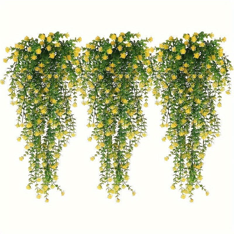 3 artificial camellia hanging plants perfect for home decor, patio, or indoor spaces, without container. Ideal as get well soon gift or Easter decoration.