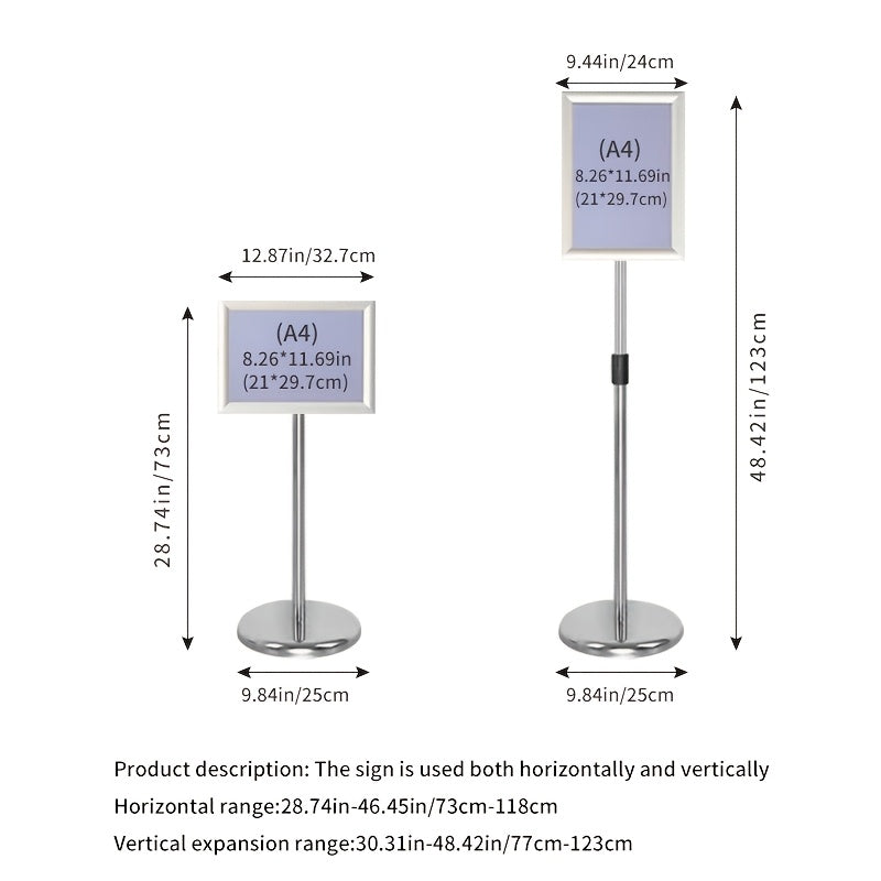 A4 Metal Sign Stand: Adjustable, Rotatable, Freestanding for Outdoor & Indoor Use, Horizontal/Vertical Orientation