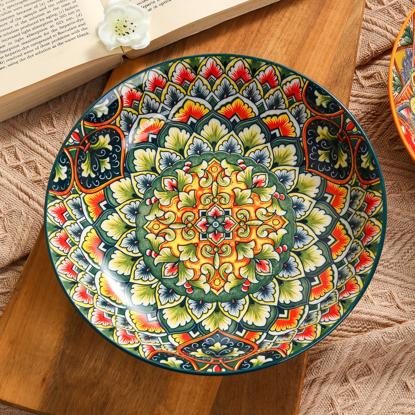 1pc 8-inch Bohemian Style Ceramic Dinner Plate suitable for home and restaurant use. Microwave safe.