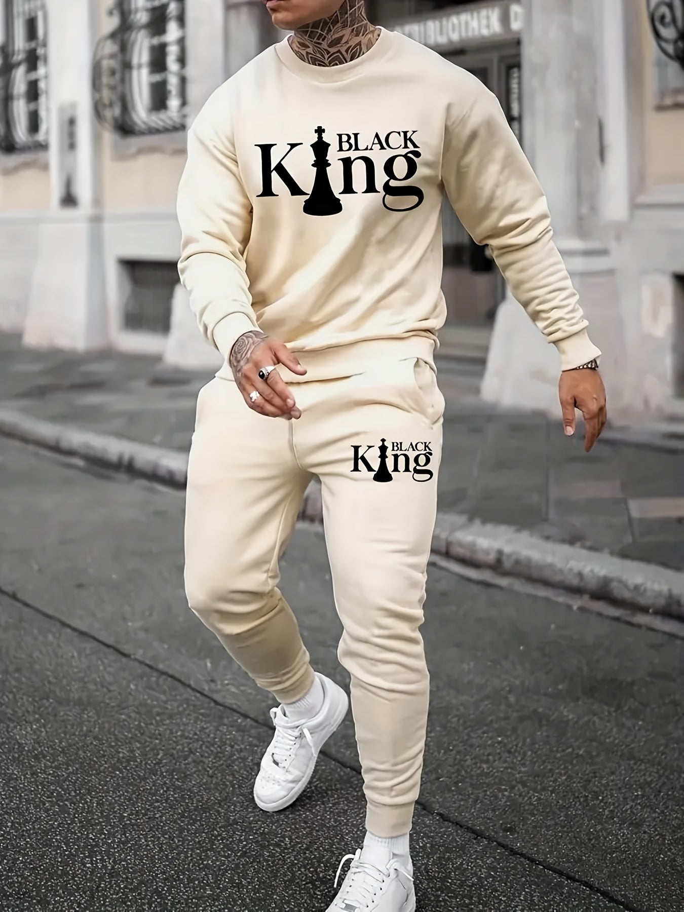 Men's 2-piece "K" print athletic set includes long sleeve crewneck top and compression waist joggers, perfect for casual home wear or autumn running. Made of polyester, this set is ideal