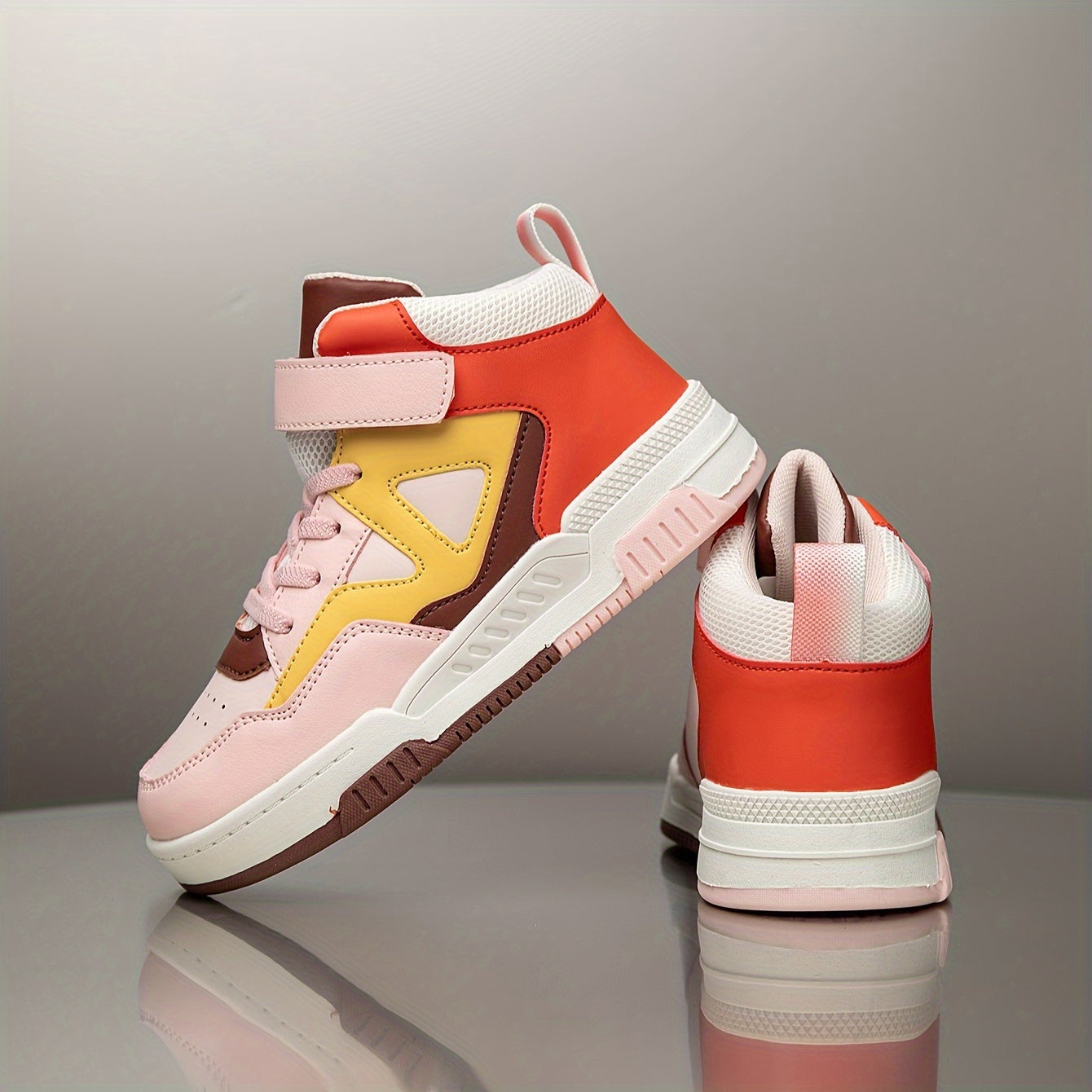 Kids' high-top sneakers with hook-and-loop closure, breathable and comfortable for all-season wear, featuring a trendy geometric print.