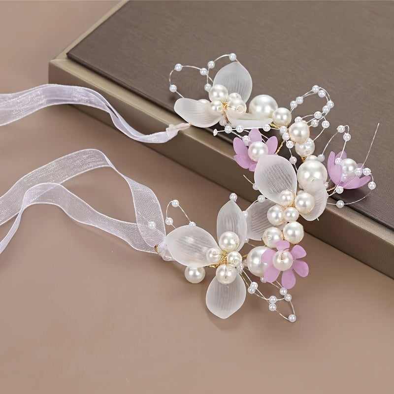 Romantic bridal headpiece with faux pearls, floral wreath, and ribbon tie.