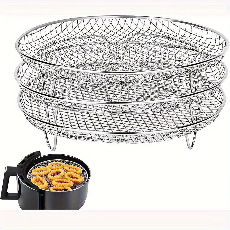 Set of 3 stackable multi-layer stainless steel dehydrator racks, set of 2 with 4 baking sticks, stackable air fryer rack, multi-purpose steaming and baking rack, cooling rack. Can be used as a dehydrator, baking rack, or deep fryer accessory. Perfect as