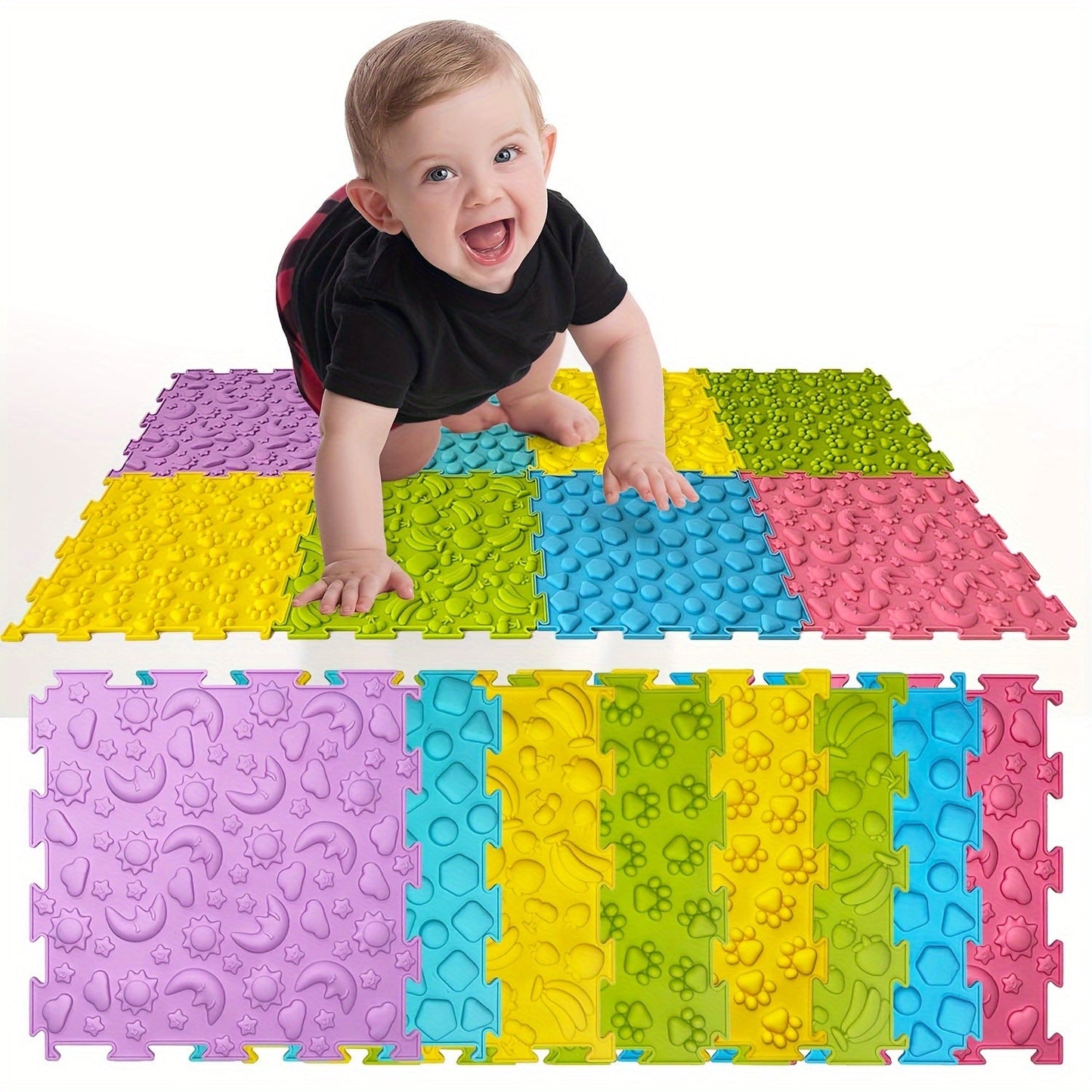 Sensory Tiles Puzzle Floor Mat - Set of 8 Pieces for Children's Sensory Room, Textured Rug Carpet, Orthopedic Massage Mat for Autism - Silicone Massage Mat for Kids with Sensory Needs