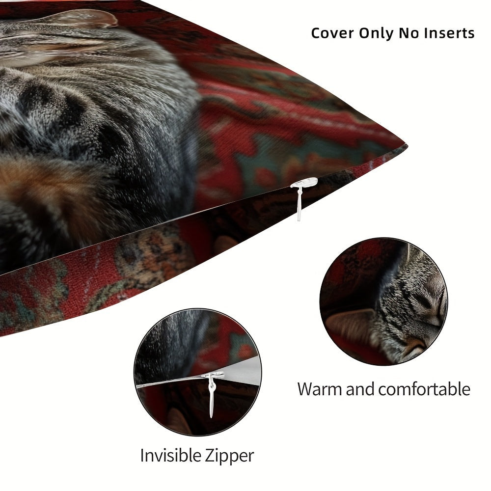 Polyester Pillow Cover featuring a Stylish Gray Tabby Cat design - Zipper Closure, Double-Sided Pattern for Valentine's Day, Halloween, and Christmas Decor - Pillow Not Included