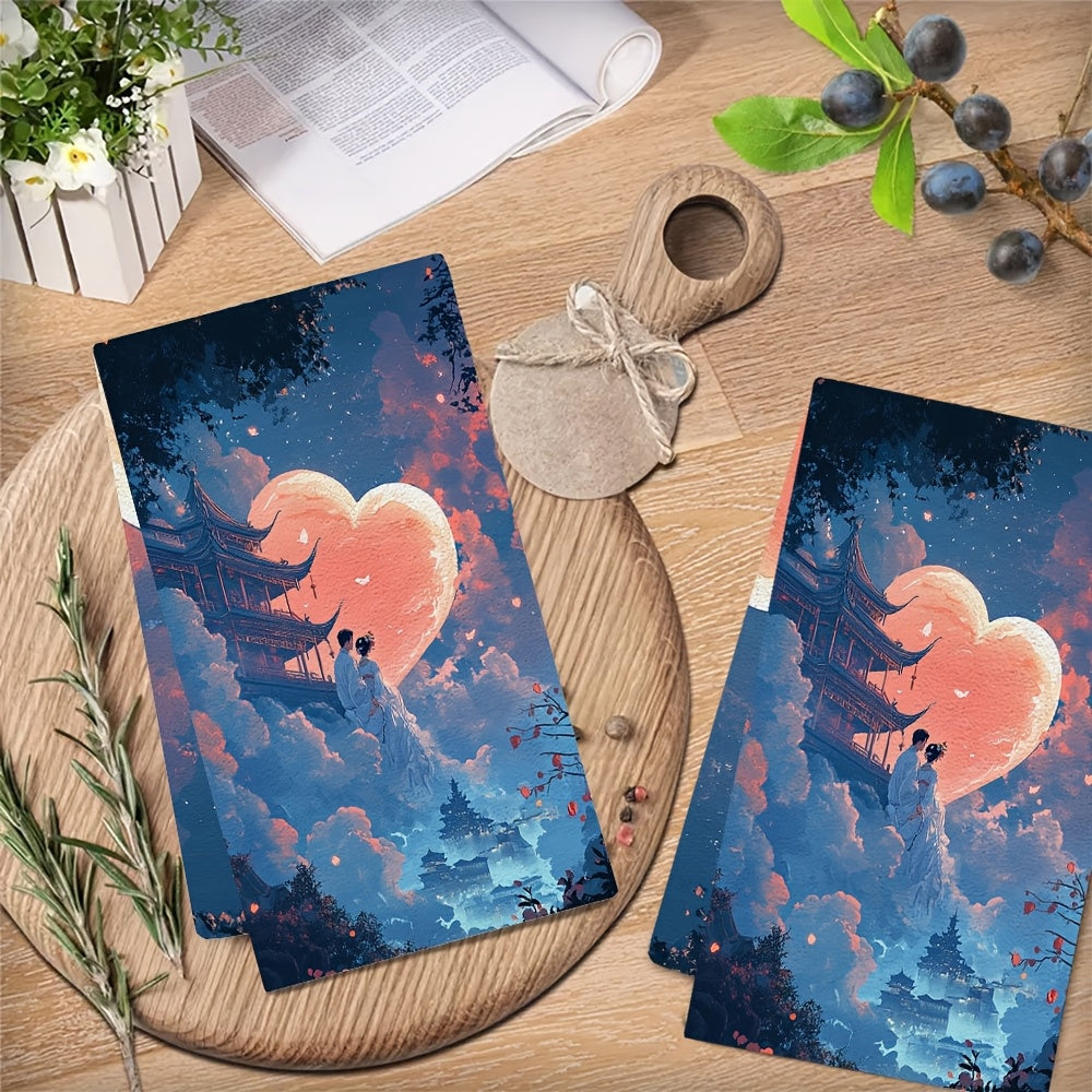 Set of 2 Ultra Soft Kitchen Towels featuring a Couple in Traditional Chinese Attire on a Heart Shaped Cloud overlooking a Celestial Palace, perfect for Holiday Decor. These Highly Absorbent Dish Hand Towels are Machine Washable and measure 16x24 inches.