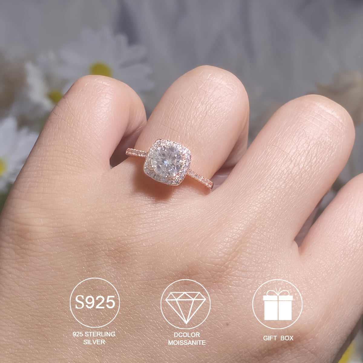 Zamonaviy 1ct Moissanite Qizil Oltin Halqa - Gippoallergen S925 Sterling Kumushdan tayyorlangan, Har kuni kiyish va maxsus tadbirlar uchun ideal, Sovg'a qutisi bilan birga keladi.