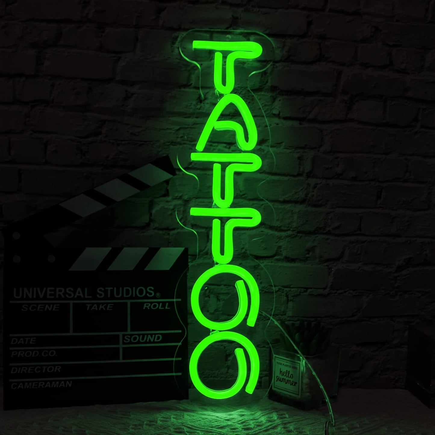 Green Tattoo Neon sign with dimmable LED lights for beauty salon or custom shop, suitable for man caves. Can be powered using USB.