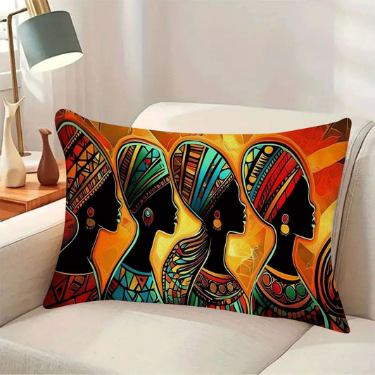 Two pieces of vintage African tribes abstract flannel cushion covers, measuring 50.8x30.48 cm. These covers are designed to be friendly for multi-position sleepers and are machine washable with a zipper closure. Ideal for use on the sofa, bed, or while