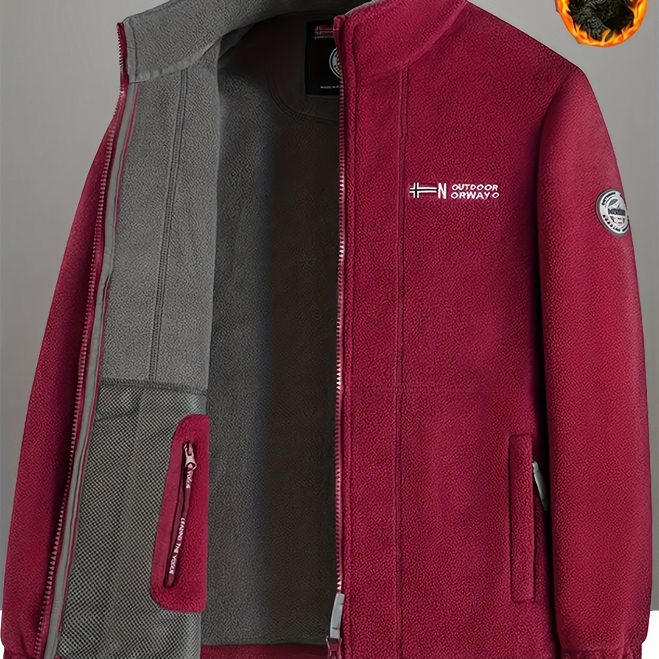 Men's winter fleece jacket with stand collar and zippered pockets, ideal for outdoor activities. Thick, windproof, and warm. Made from polyester fleece.