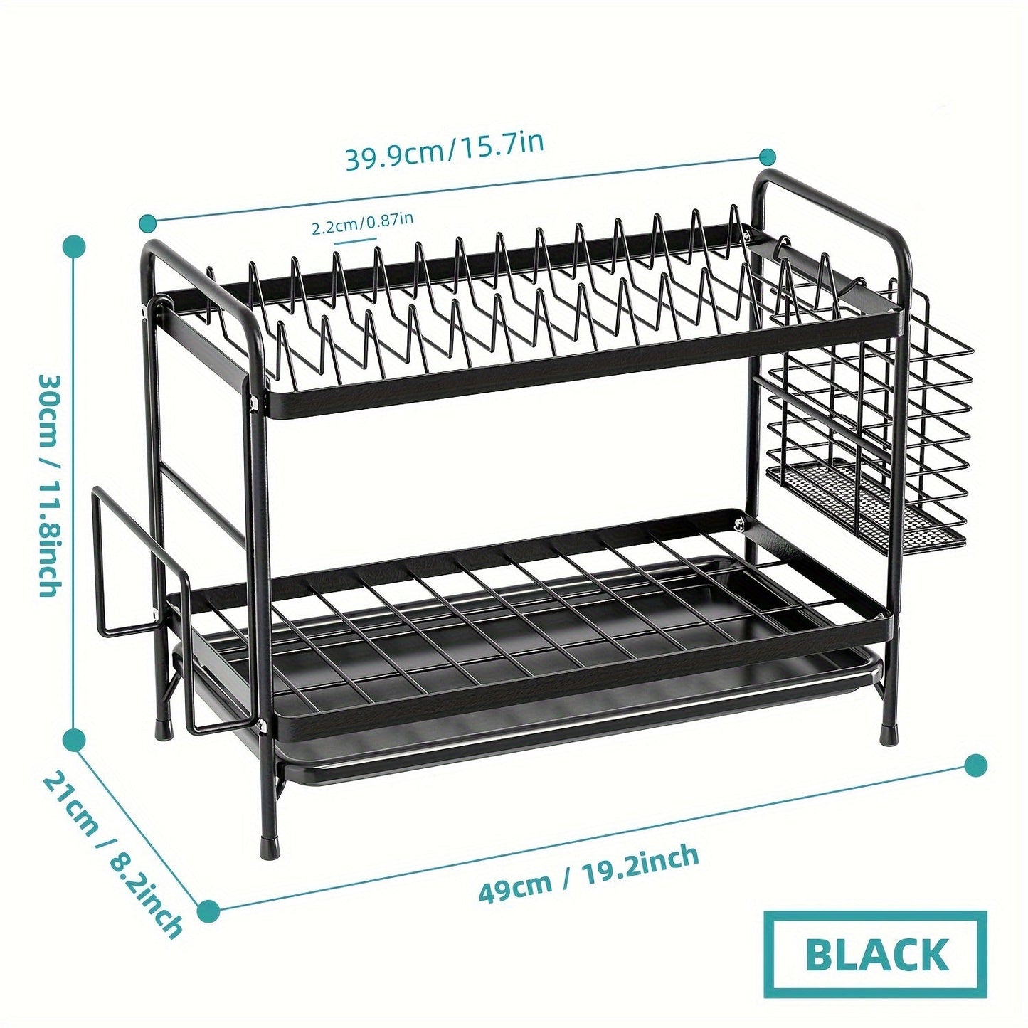 1-piece Contemporary Metal Kitchen Dish Rack with Drainboard, Versatile Open-Storage Organizer for Plates, Cups, Utensils, and Cutting Board Holder - No Power Required, Black