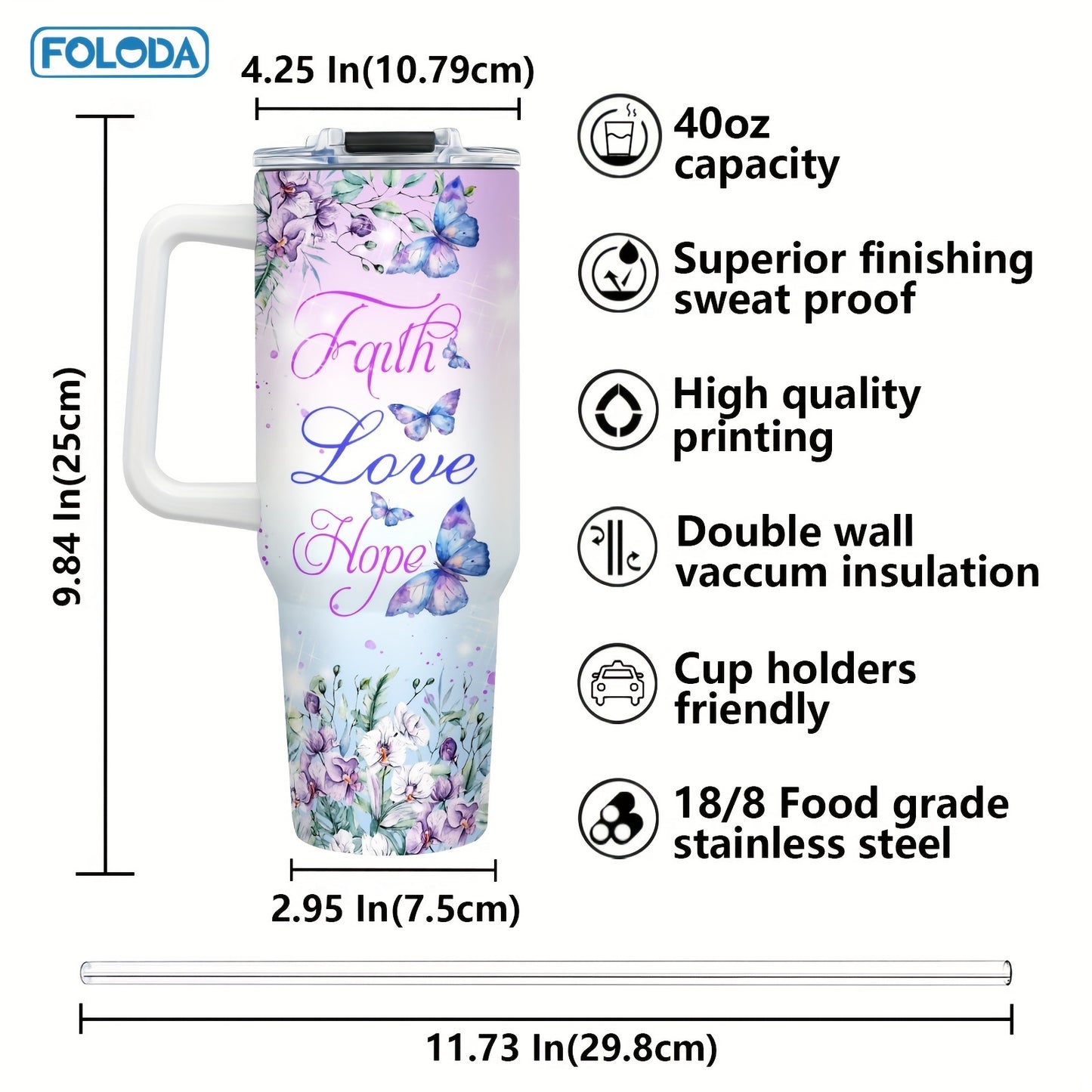 The Foloda 40oz stainless steel water bottle is an ideal gift for women, perfect for running and outdoor activities. It features an oval shape design, insulated vacuum technology, a handle, and straw. Hand wash only, PVC free. Great for Christmas