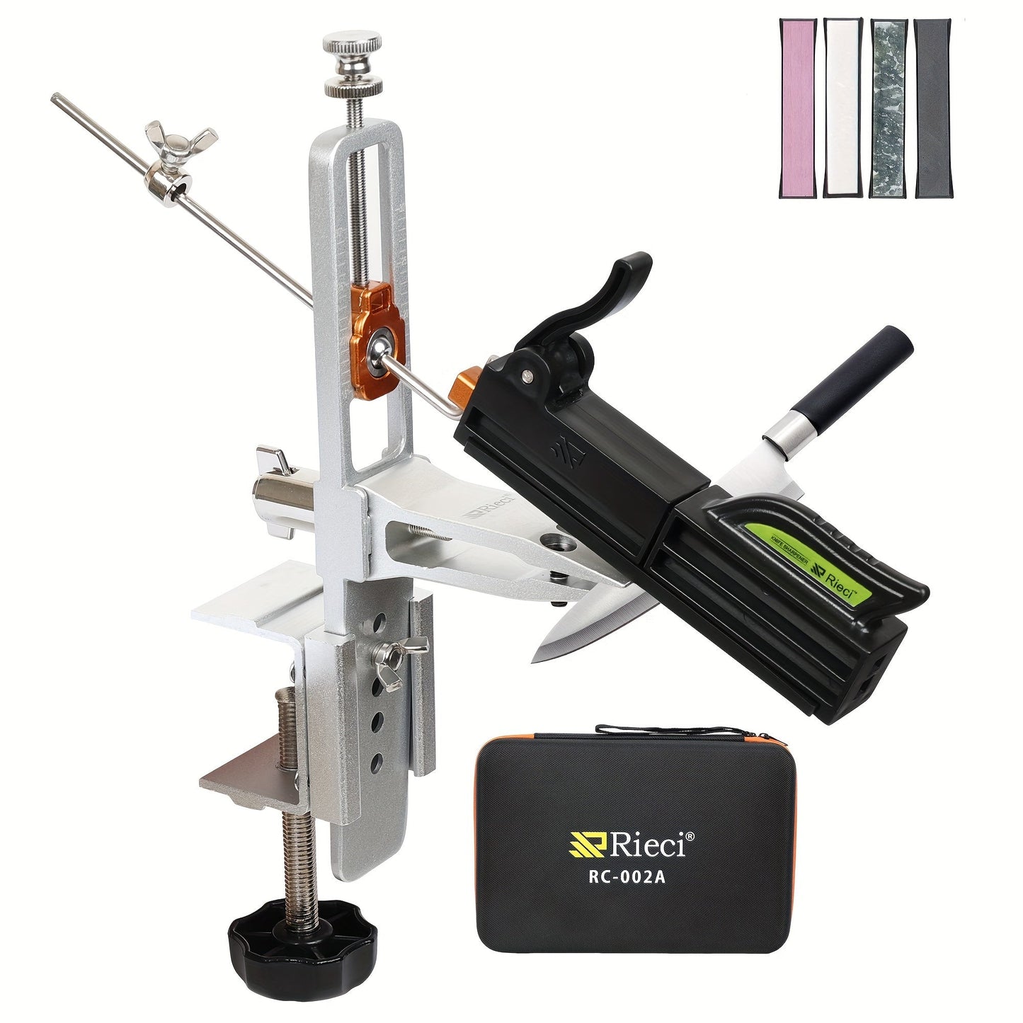 The RC-002A Professional Knife Sharpener System includes Whetstones, a Carry Case, and features a 360° Rotation Flip Design. It also includes a Fixed-Angle Stainless Steel Kitchen Chef Knife Sharpening Kit and Abrasive Holding System Tools.